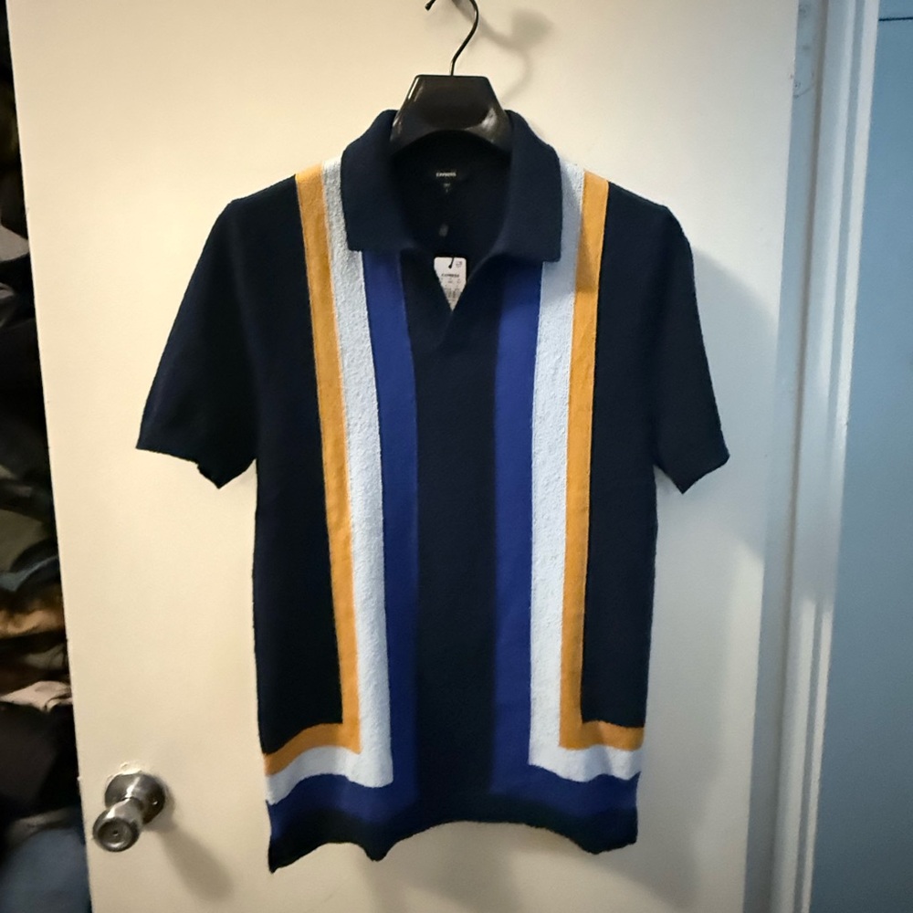 Express Men's Polo with Navy, White, and Gold Accents